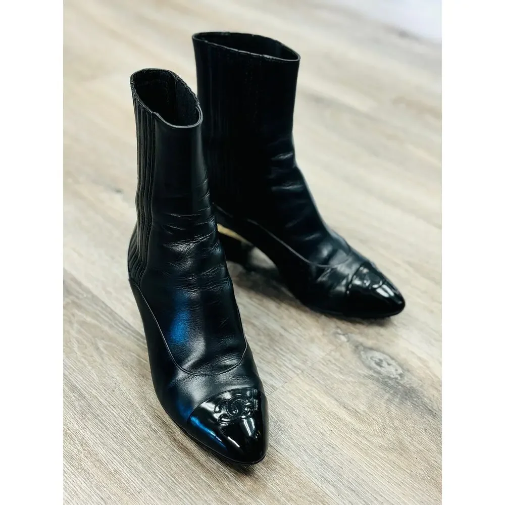 CHANEL Black Lambskin Leather Elastic Cap Toe Short Ankle Boots Sz. 37C US 7